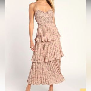 Lulus Cascading Crush Pink Floral Print Tiered Midi Dress Medium (Worn once)